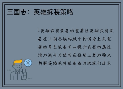 三国志：英雄拆装策略